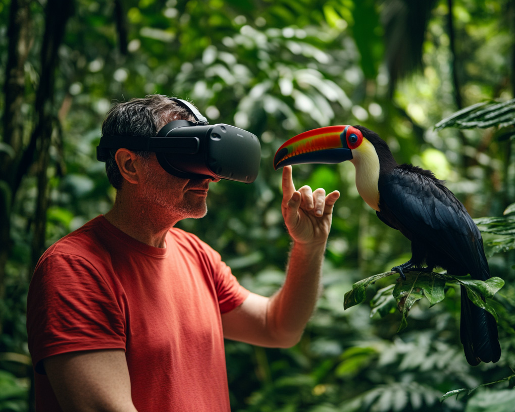 Man wearing VR headset reaching out to touch a toucan that isn't really in front of him. AI Image that depicts the VR experience at Paignton Zoo